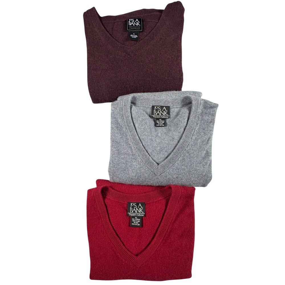 Jos A Bank V-Neck Sweater Mens XL Red Gray Burgundy Cashmere Lot of 3 Bundle